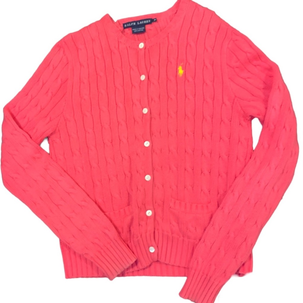 Ralph Lauren 100% Cotton Cableknit Cardigan Hot Pink Pony Logo Size M